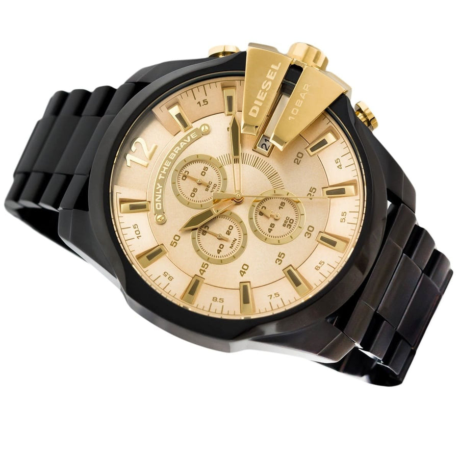 Diesel Mega Chief Chronograph Gold Dial Black Steel Strap Watch For Men - DZ4485