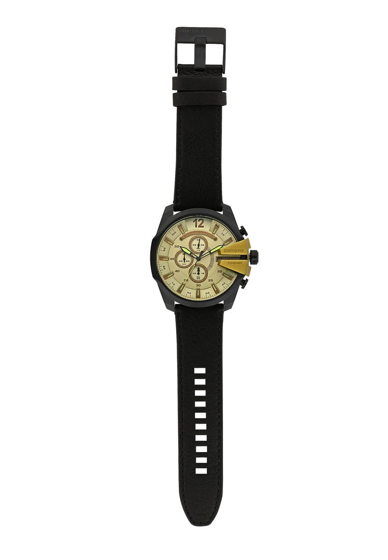 Diesel Mega Chief Chronograph Gold Dial Black Steel Strap Watch For Men - DZ4485