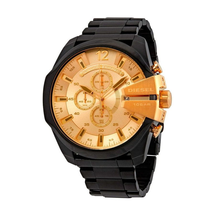 Diesel Mega Chief Chronograph Gold Dial Black Steel Strap Watch For Men - DZ4485