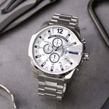 Diesel Mega Chief Chronograph Silver Dial Silver Steel Strap Watch For Men - DZ4477