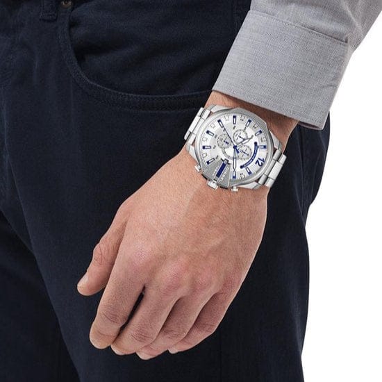 Diesel Mega Chief Chronograph Silver Dial Silver Steel Strap Watch For Men - DZ4477