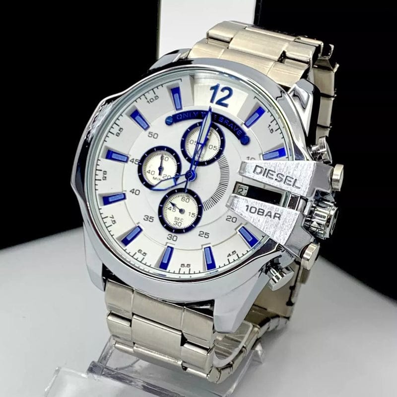 Diesel Mega Chief Chronograph Silver Dial Silver Steel Strap Watch For Men - DZ4477