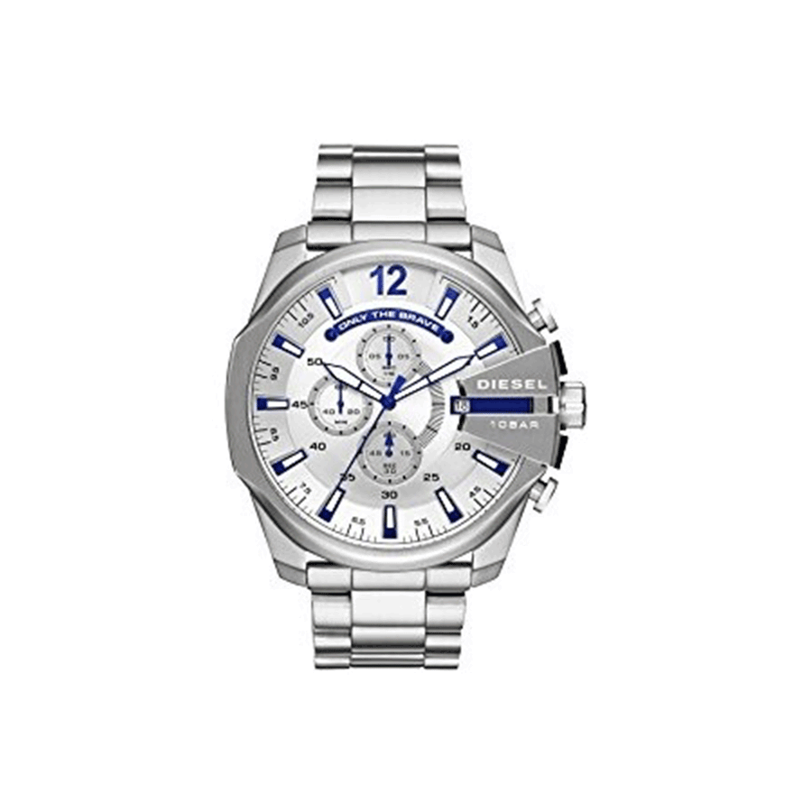Diesel Mega Chief Chronograph Silver Dial Silver Steel Strap Watch For Men - DZ4477