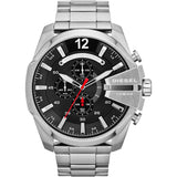 Diesel Mega Chief Chronograph Black Dial Silver Steel Strap Watch For Men - DZ4308