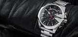 Diesel Mega Chief Chronograph Black Dial Silver Steel Strap Watch For Men - DZ4308