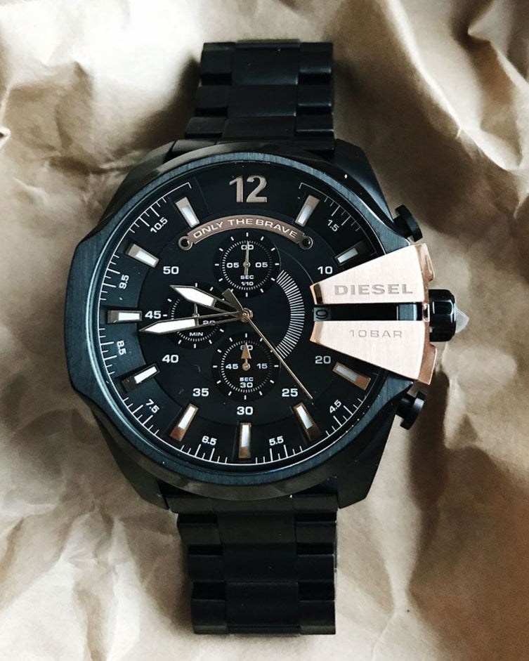 Diesel Mega Chief Chronograph Black Dial Black Steel Strap Watch For Men - DZ4309