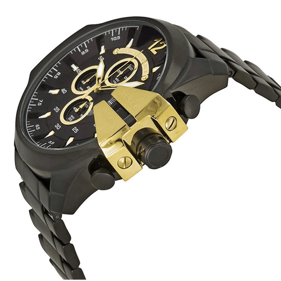 Diesel Mega Chief Chronograph Black Dial Black Steel Strap Watch For Men - DZ4338