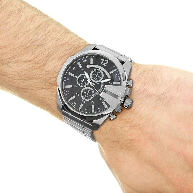 Diesel Mega Chief Chronograph Blue Dial Silver Steel Strap Watch For Men - DZ4417