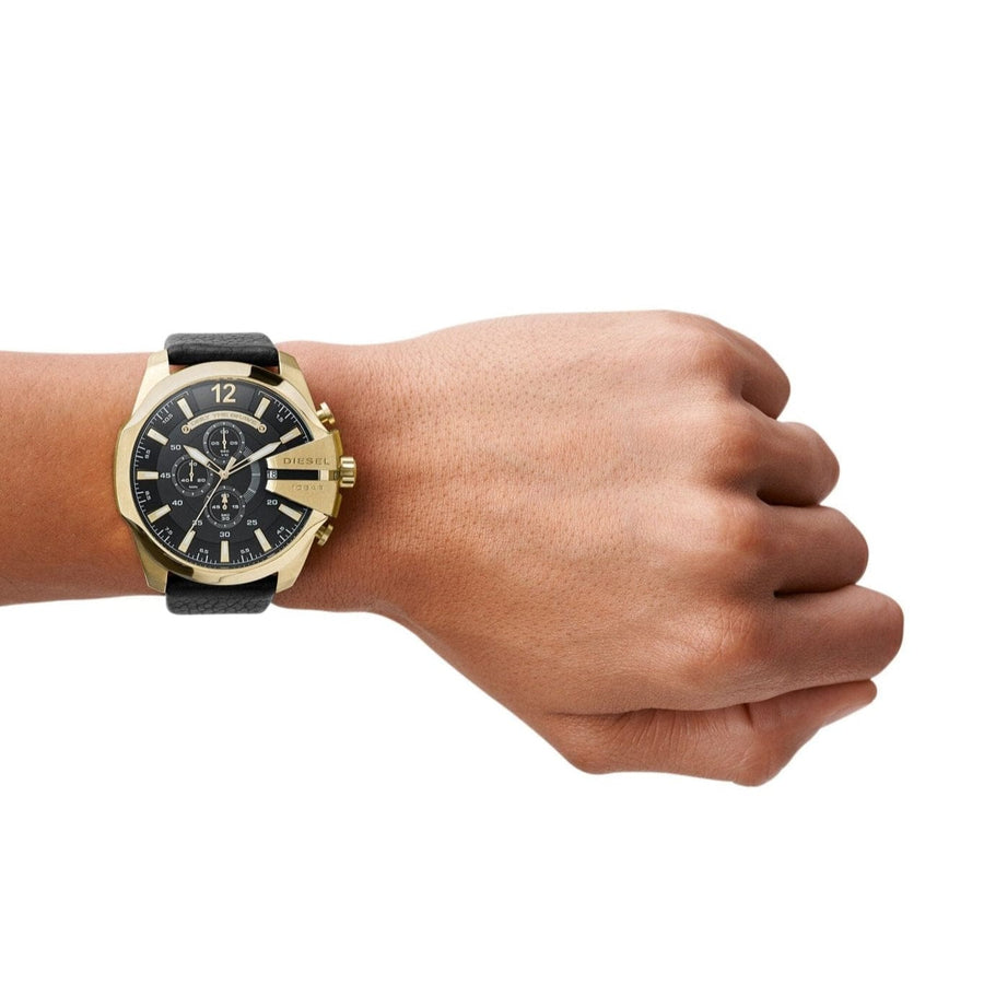 Diesel Mega Chief Gold & Black Dial Black Leather Strap Watch For Men - DZ4344