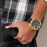 Diesel Mega Chief Gold & Black Dial Black Leather Strap Watch For Men - DZ4344