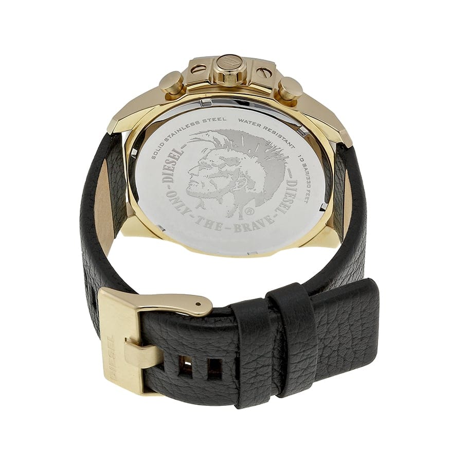 Diesel Mega Chief Gold & Black Dial Black Leather Strap Watch For Men - DZ4344