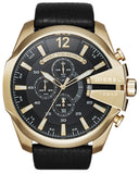 Diesel Mega Chief Gold & Black Dial Black Leather Strap Watch For Men - DZ4344