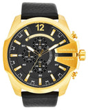 Diesel Mega Chief Gold & Black Dial Black Leather Strap Watch For Men - DZ4344