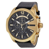 Diesel Mega Chief Gold & Black Dial Black Leather Strap Watch For Men - DZ4344