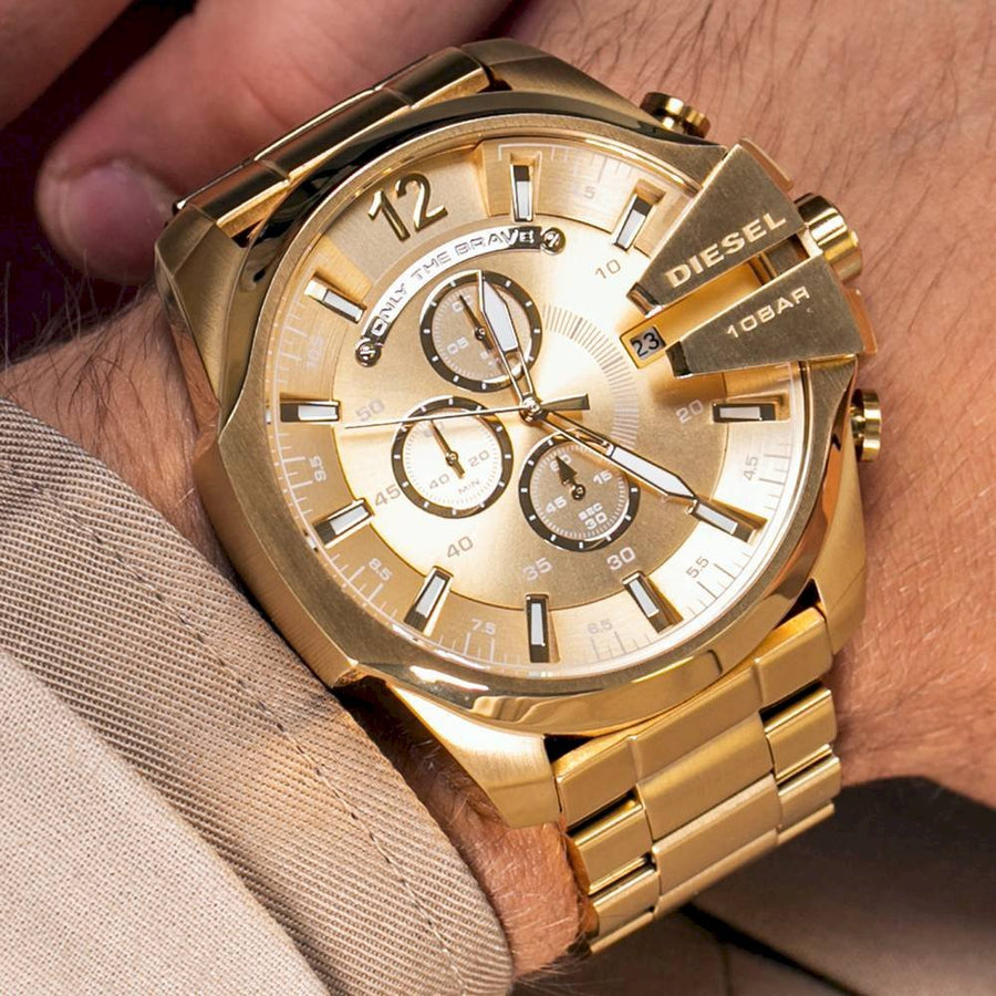 Diesel Mega Chief Gold Dial Gold Steel Strap Watch For Men - DZ4360