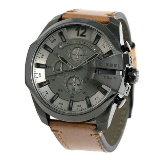 Diesel Mega Chief Grey Dial Brown Leather Strap Watch For Men - DZ4463