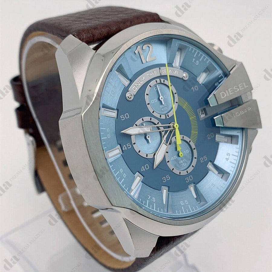 Diesel Mega Chief Light Blue Dial Brown Leather Strap Watch For Men - DZ4281