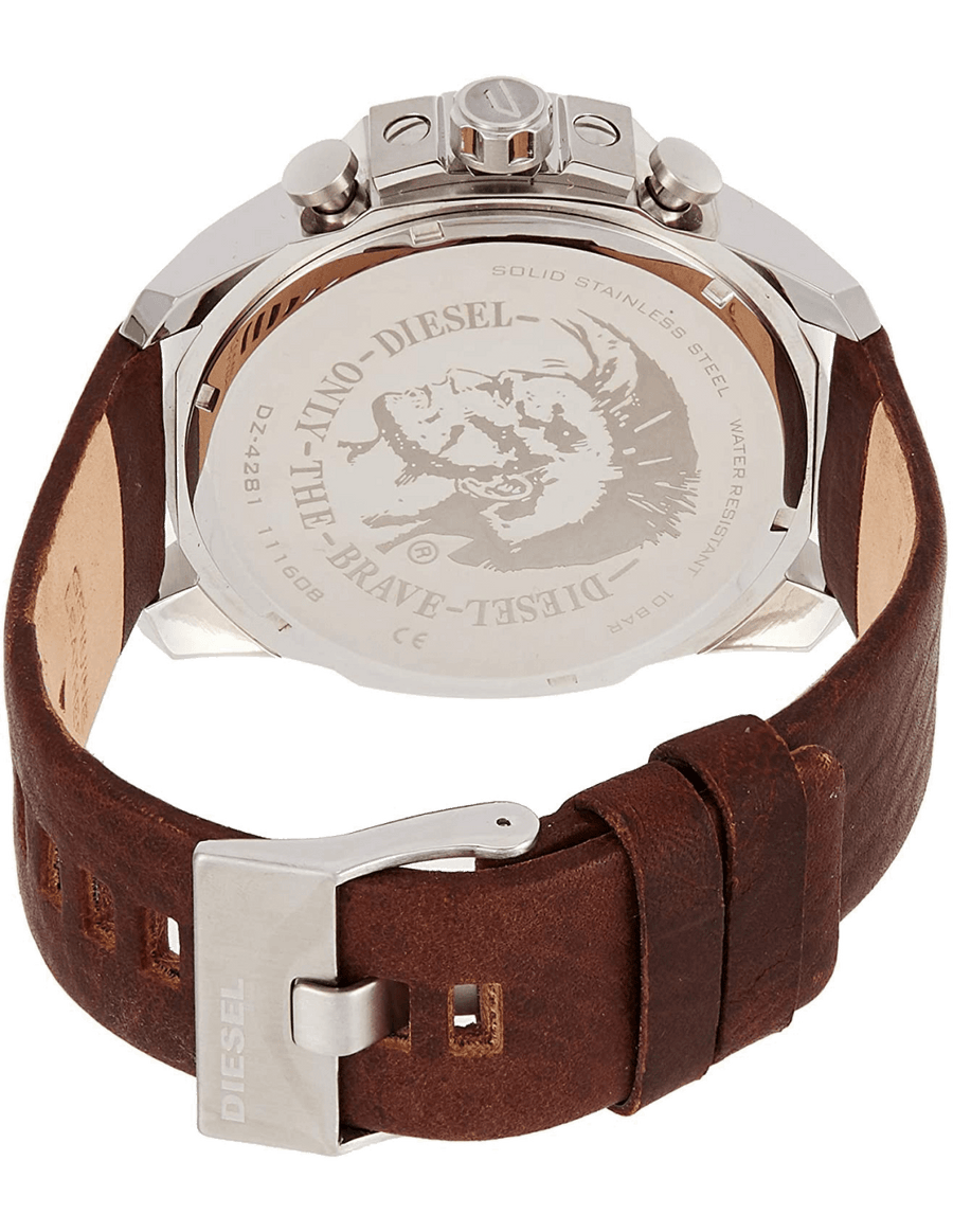 Diesel Mega Chief Light Blue Dial Brown Leather Strap Watch For Men - DZ4281