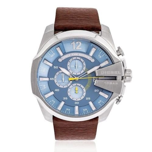 Diesel Mega Chief Light Blue Dial Brown Leather Strap Watch For Men - DZ4281