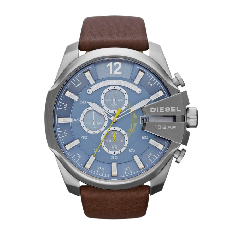 Diesel Mega Chief Light Blue Dial Brown Leather Strap Watch For Men - DZ4281