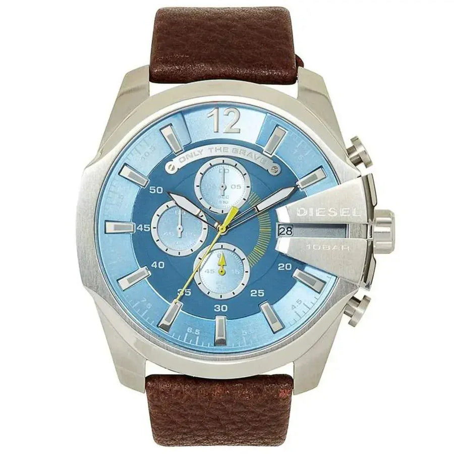Diesel Mega Chief Light Blue Dial Brown Leather Strap Watch For Men - DZ4281