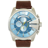Diesel Mega Chief Light Blue Dial Brown Leather Strap Watch For Men - DZ4281
