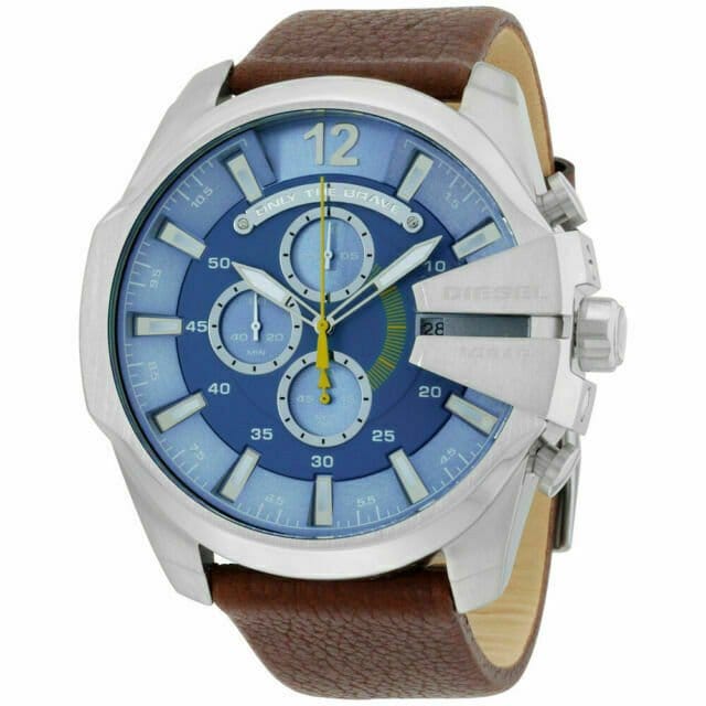 Diesel Mega Chief Light Blue Dial Brown Leather Strap Watch For Men - DZ4281