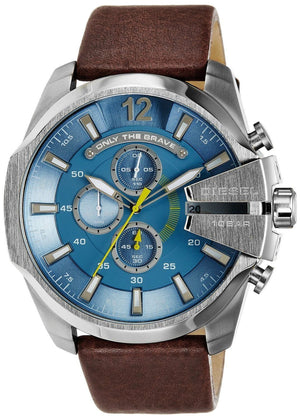 Diesel Mega Chief Light Blue Dial Brown Leather Strap Watch For Men - DZ4281