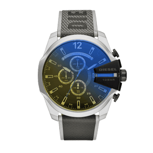 Diesel Mega Chief Quartz Black Dial Grey Leather Strap Watch For Men - DZ4523