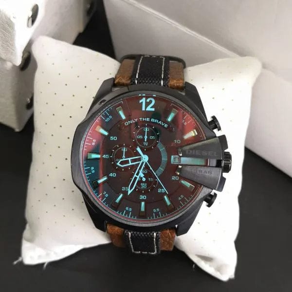 Diesel Mega Chief Quartz Black Dial Two Tone Leather Strap Watch For Men - DZ4305