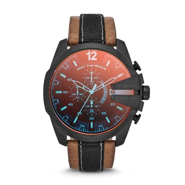 Diesel Mega Chief Quartz Black Dial Two Tone Leather Strap Watch For Men - DZ4305