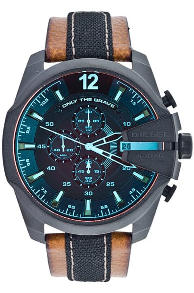 Diesel Mega Chief Quartz Black Dial Two Tone Leather Strap Watch For Men - DZ4305