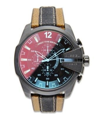 Diesel Mega Chief Quartz Black Dial Two Tone Leather Strap Watch For Men - DZ4305