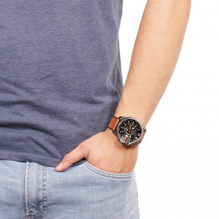 Diesel Mega Chief Quartz Chronograph Brown Leather Strap Watch For Men - DZ4343