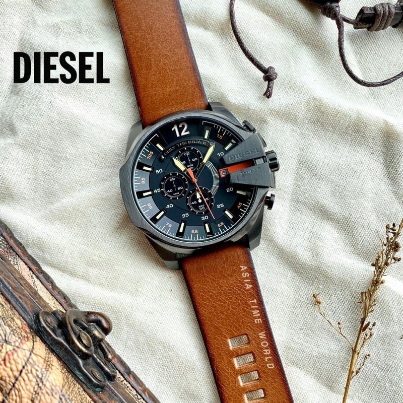 Diesel Mega Chief Quartz Chronograph Brown Leather Strap Watch For Men - DZ4343