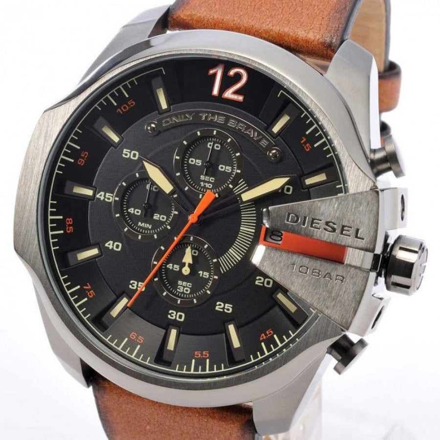 Diesel Mega Chief Quartz Chronograph Brown Leather Strap Watch For Men - DZ4343