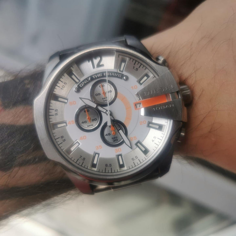Diesel Mega Chief Quartz Chronograph White Dial Steel Strap Watch For Men - DZ4328