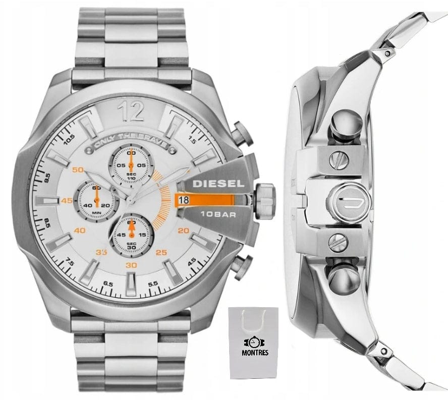Diesel Mega Chief Quartz Chronograph White Dial Steel Strap Watch For Men - DZ4328