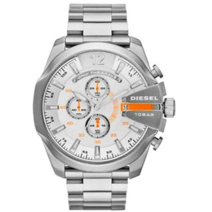 Diesel Mega Chief Quartz Chronograph White Dial Steel Strap Watch For Men - DZ4328
