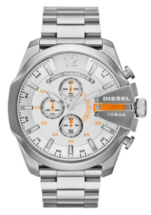 Diesel Mega Chief Quartz Chronograph White Dial Steel Strap Watch For Men - DZ4328
