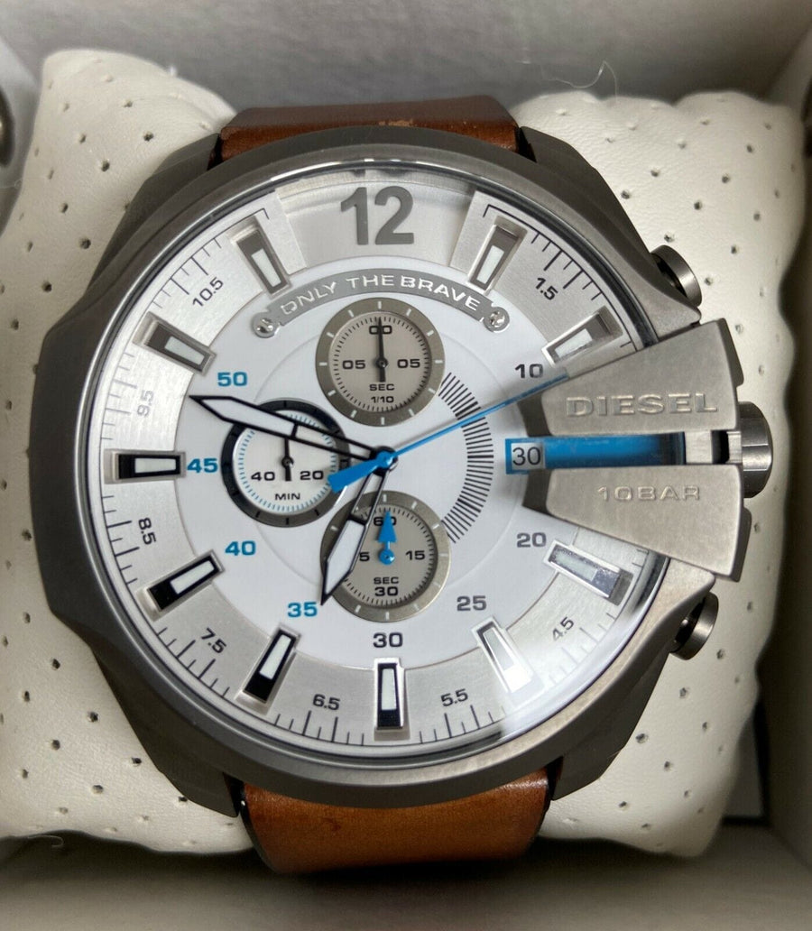 Diesel Mega Chief White Dial Brown Leather Strap Watch For Men - DZ4280