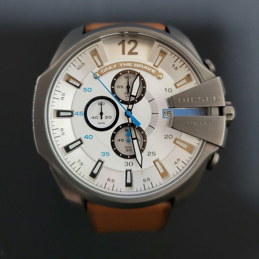 Diesel Mega Chief White Dial Brown Leather Strap Watch For Men - DZ4280