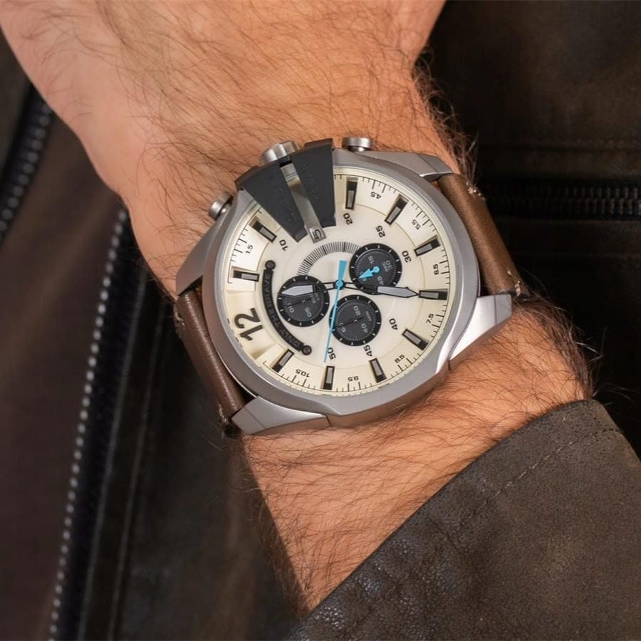 Diesel Mega Chief White Dial Brown Leather Strap Watch For Men - DZ4280