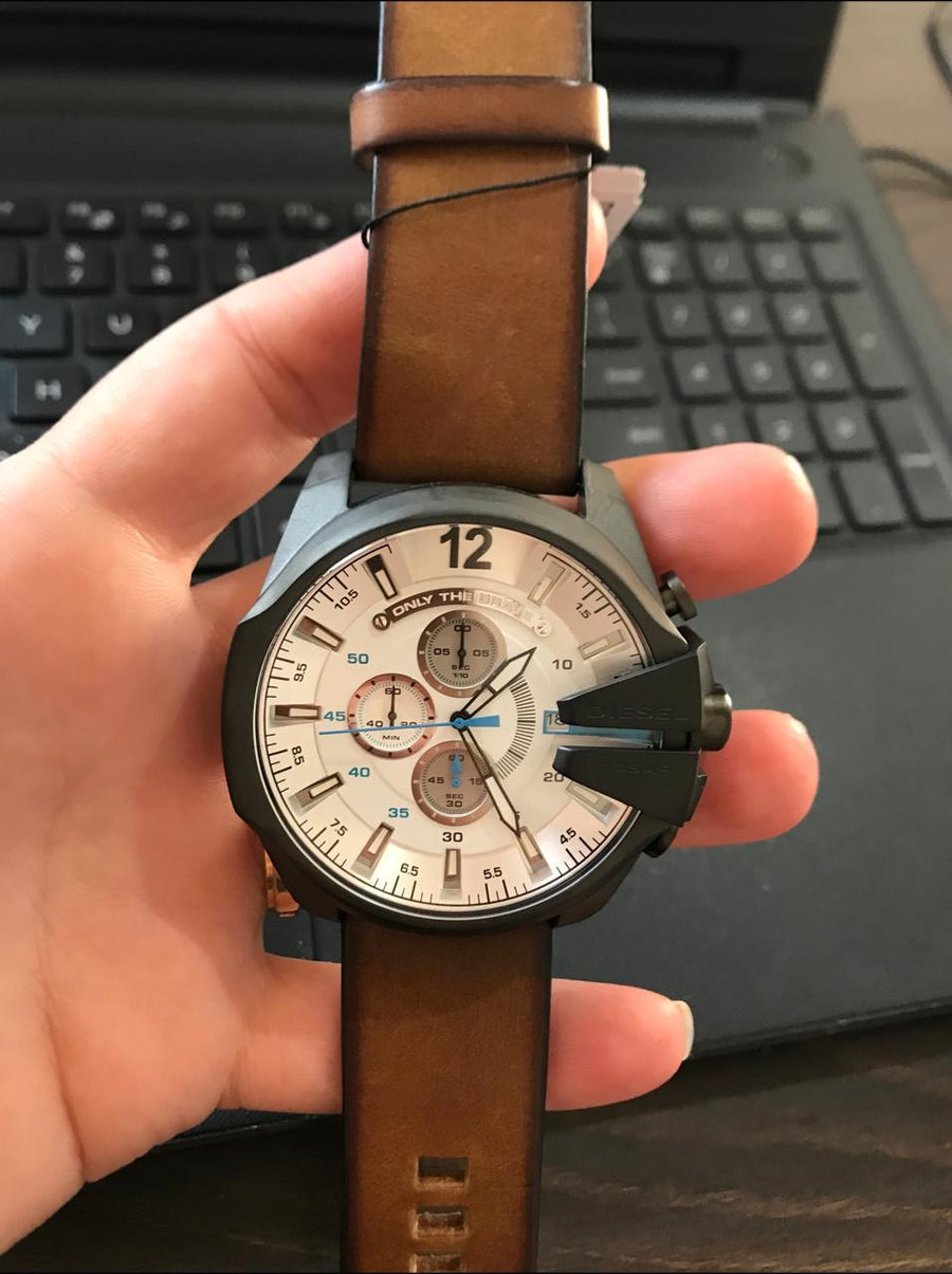 Diesel Mega Chief White Dial Brown Leather Strap Watch For Men - DZ4280
