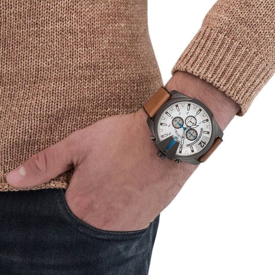 Diesel Mega Chief White Dial Brown Leather Strap Watch For Men - DZ4280