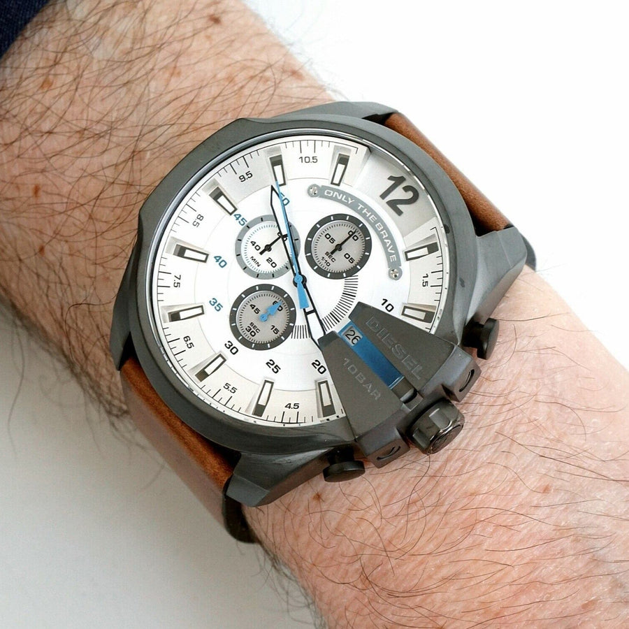 Diesel Mega Chief White Dial Brown Leather Strap Watch For Men - DZ4280