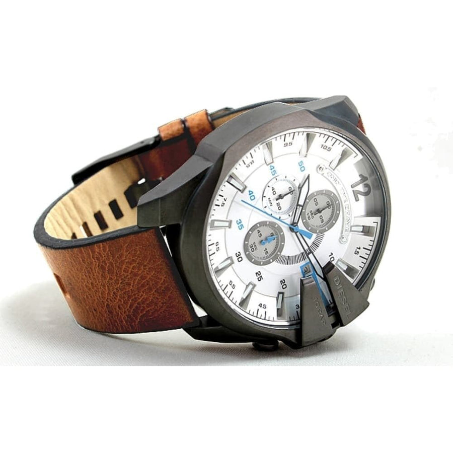 Diesel Mega Chief White Dial Brown Leather Strap Watch For Men - DZ4280