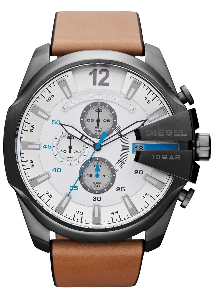 Diesel Mega Chief White Dial Brown Leather Strap Watch For Men - DZ4280