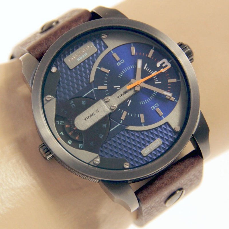 Diesel Mini Daddy Analog Blue Dial Brown Leather Strap Watch For Men - DZ7339
