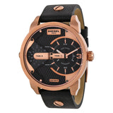 Diesel Mini Daddy Dual Time Black & Gold Dial Black Leather Strap Watch For Men - DZ7317